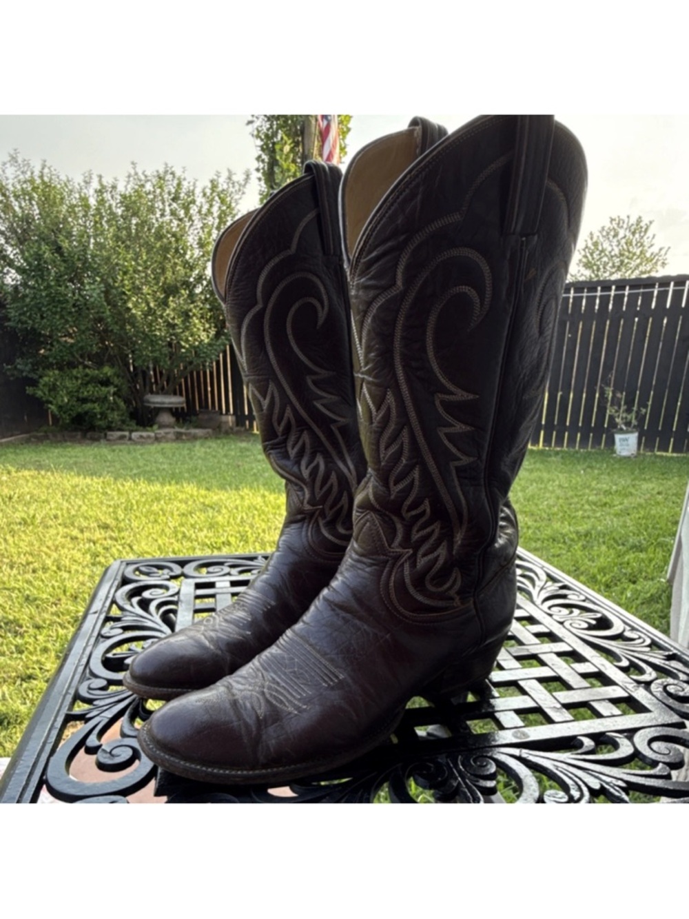 Tony Lama Dark Brown Western Cowboy Boots with Embroidered Shaft